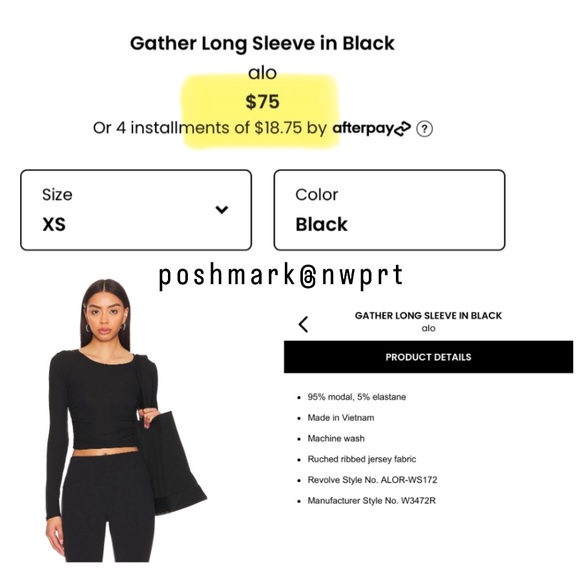 NWT ✨ ALO YOGA Gather Long Sleeve Ribbed Crop Tee Top Shirt Black XS - Picture 7 of 8